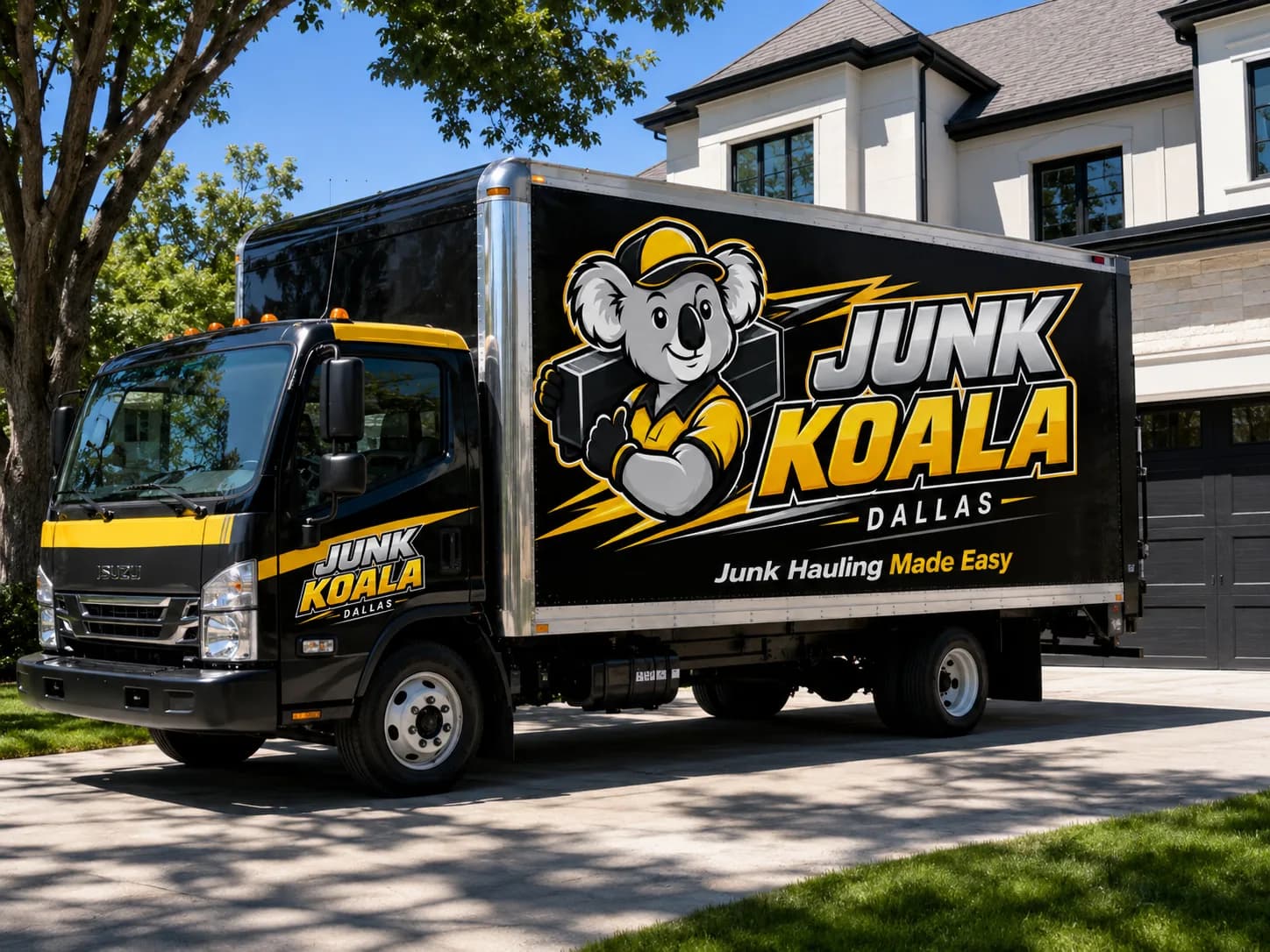 Junk Koala Dallas truck parked on a residential driveway
