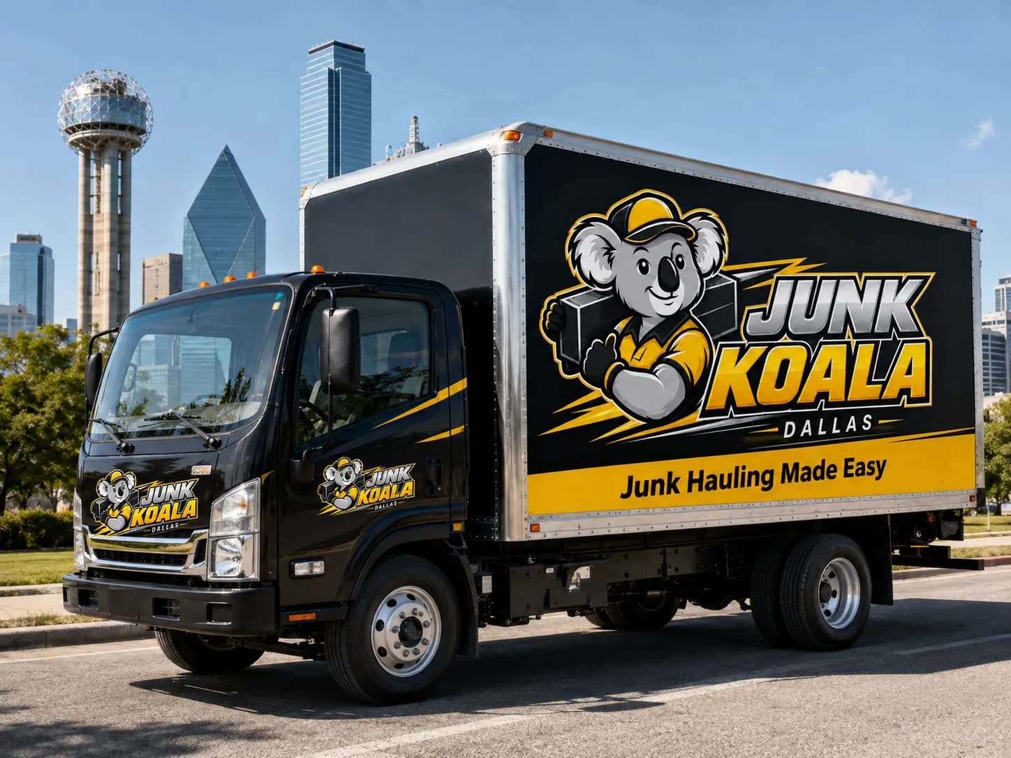Junk Koala Dallas box truck parked with the downtown Dallas skyline and Reunion Tower behind it