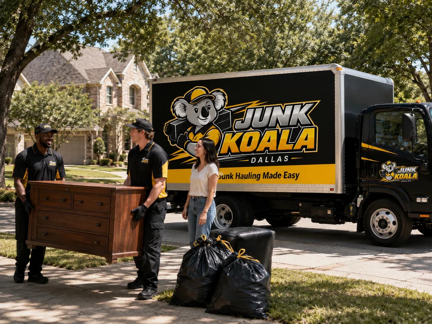 Junk Koala Dallas crew talking with a homeowner beside the truck