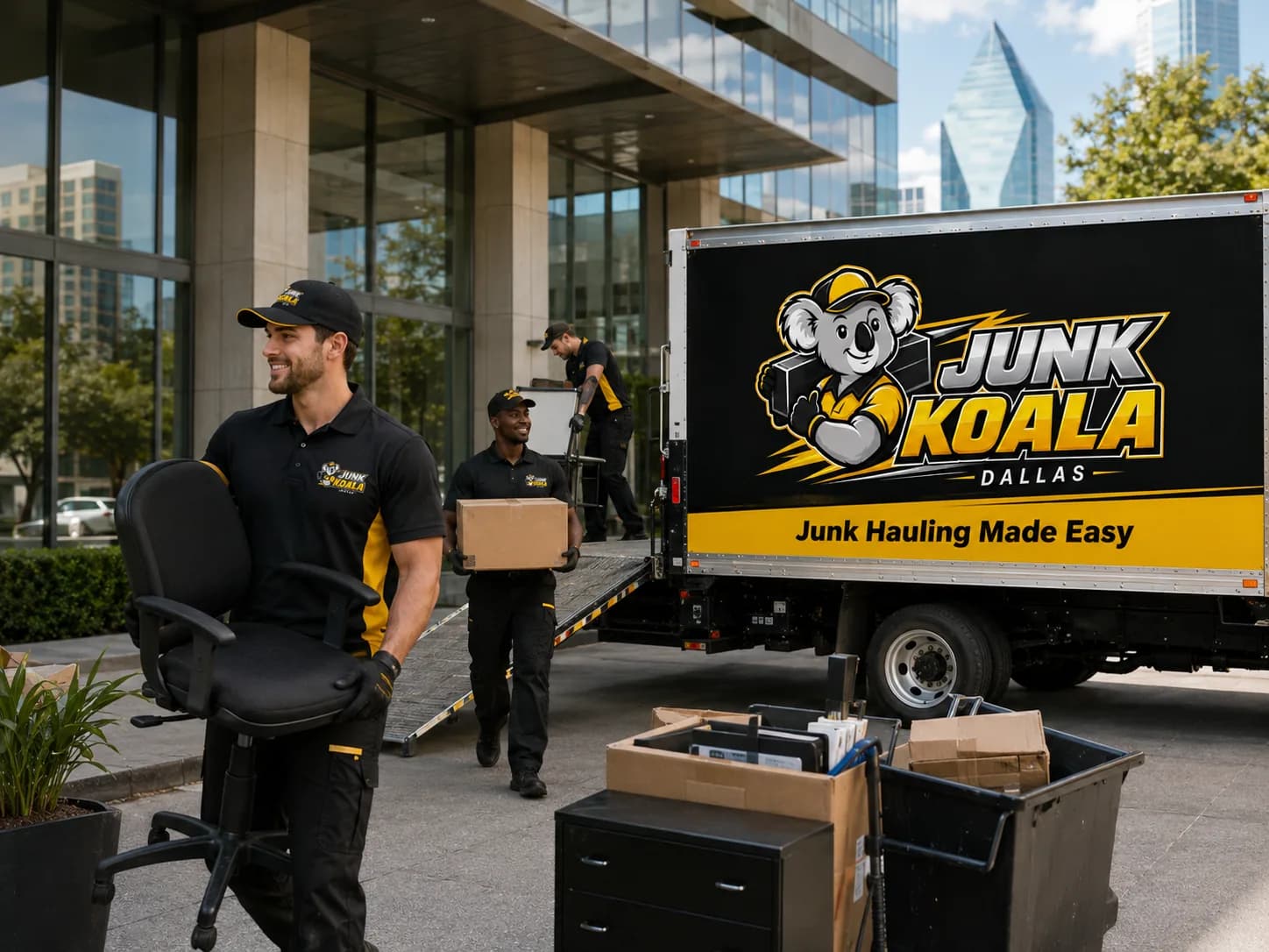 Crew carrying office chairs and boxes out of a Dallas office building