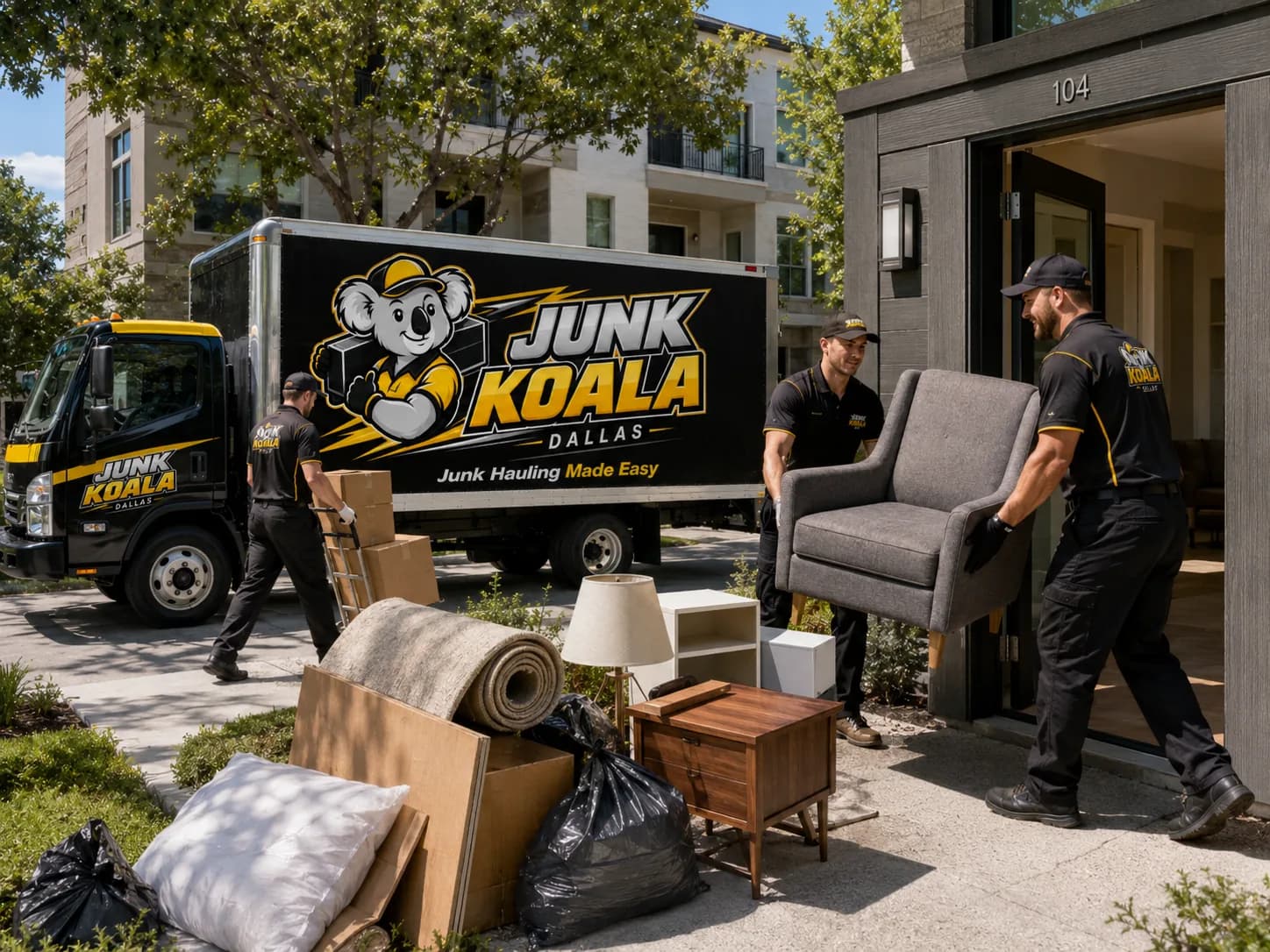 Junk Koala Dallas crew carrying furniture out during a move-out