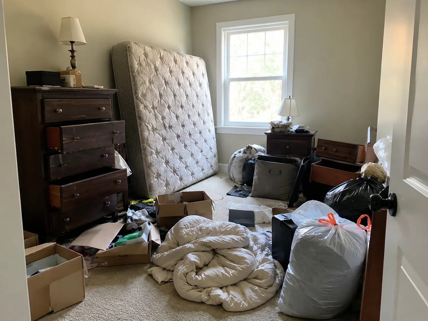 Bedroom furniture, mattress and boxes set aside before a move
