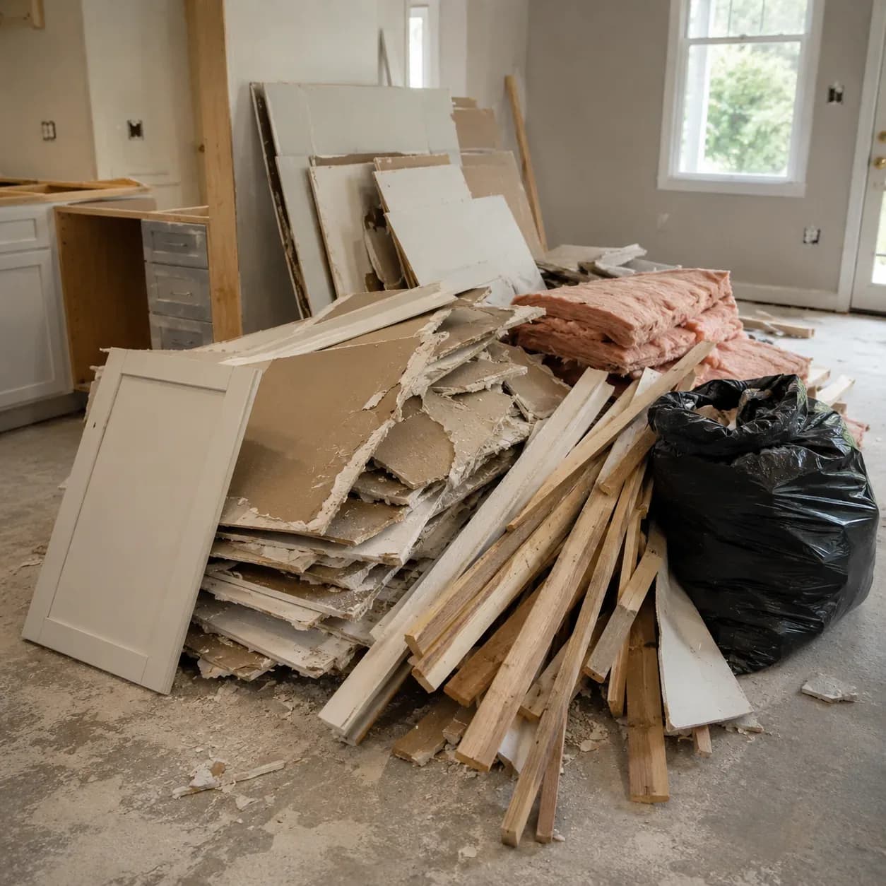 Renovation debris stacked and ready for removal at a Dallas property