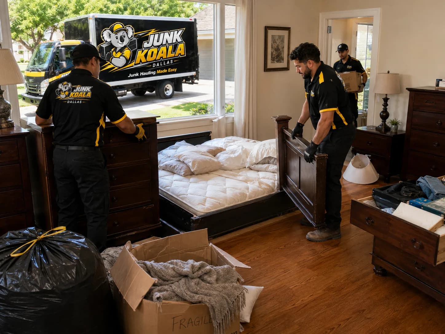 Junk Koala Dallas crew clearing furniture and boxes during a cleanout