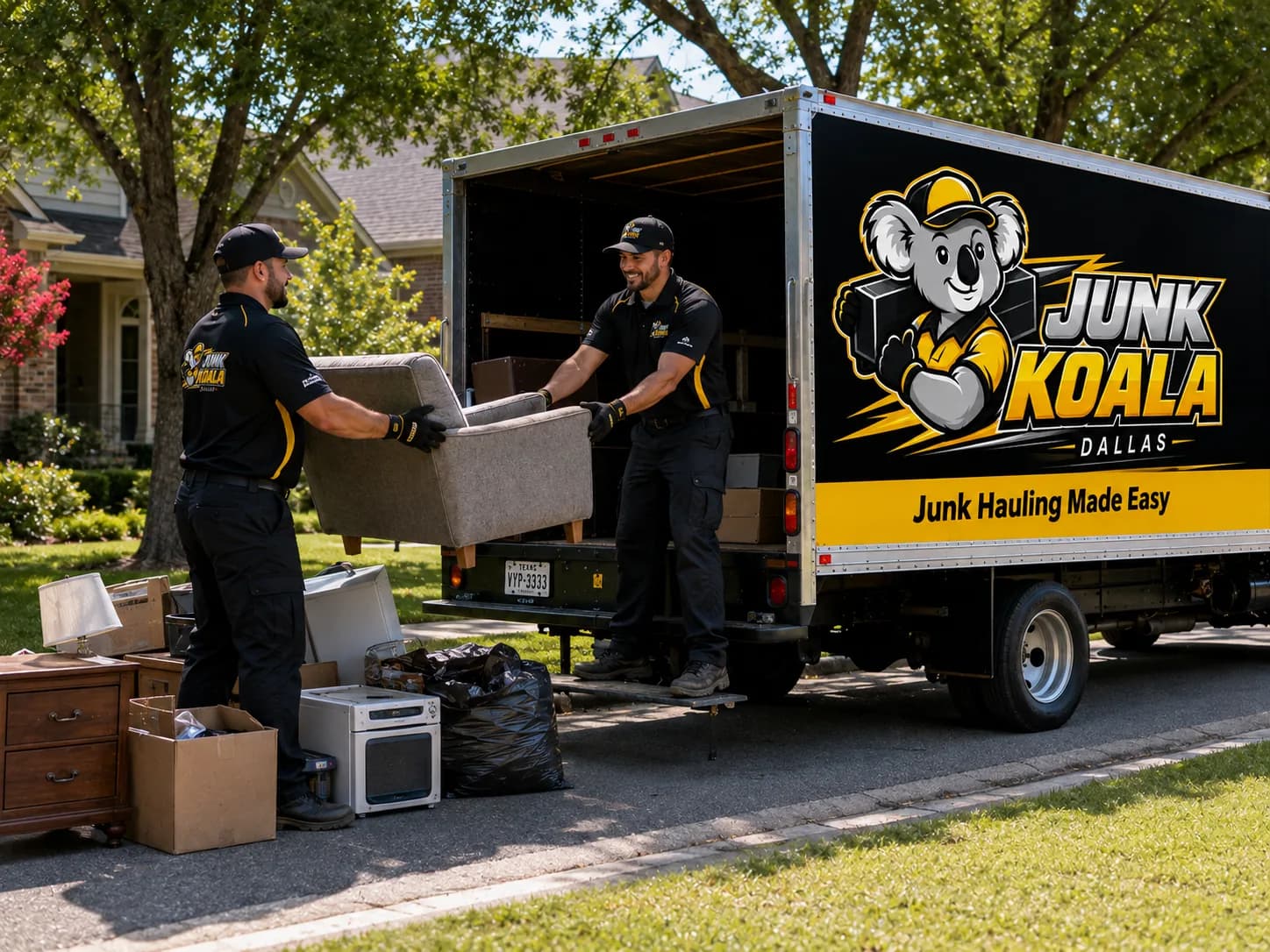 Crew loading a sofa and old appliances into a Junk Koala Dallas truck