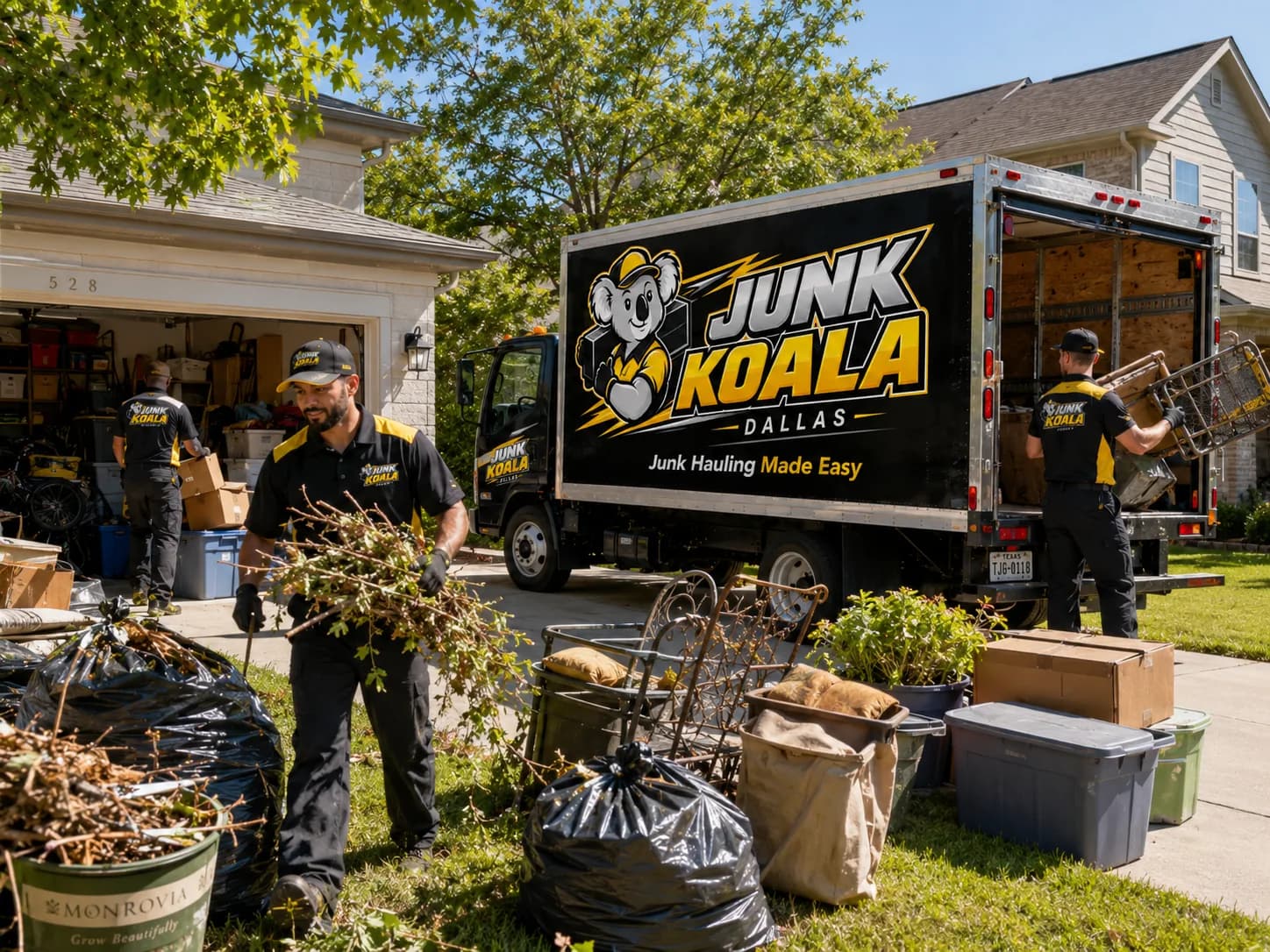 Crew clearing a garage and yard at a Dallas property