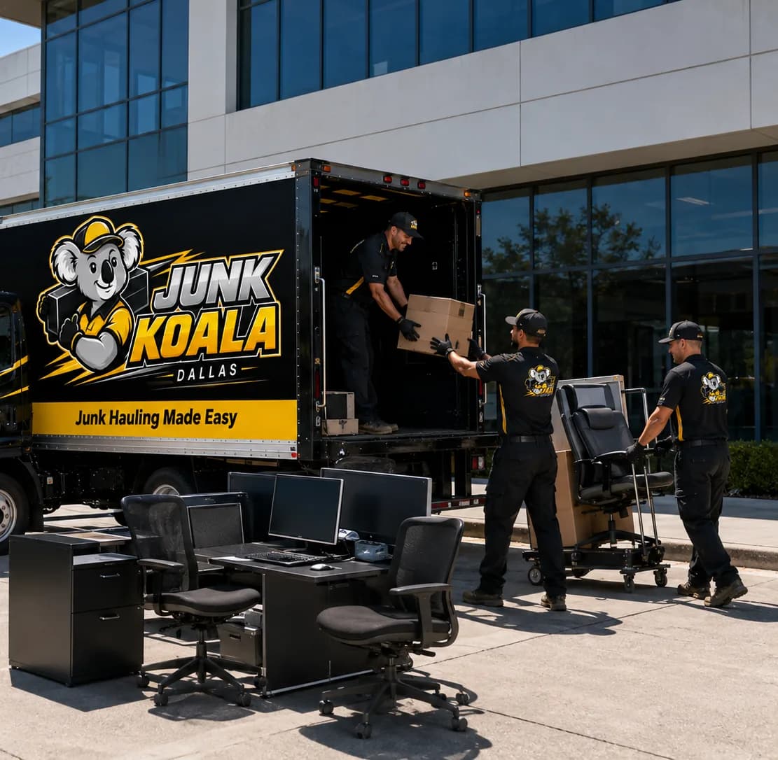 Crew loading office equipment and filing cabinets outside a Dallas office building