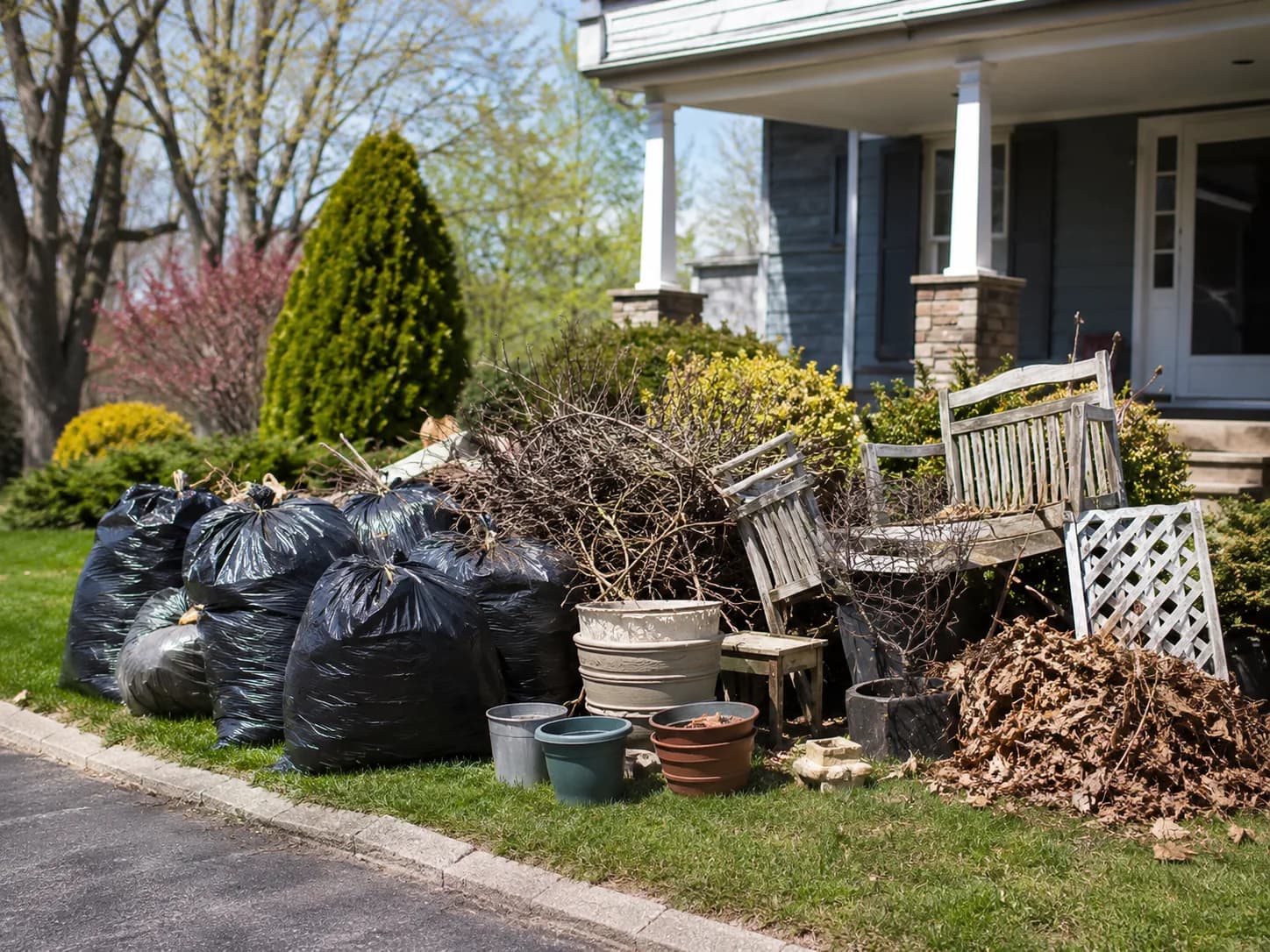 Bagged yard waste and brush piled outside a home
